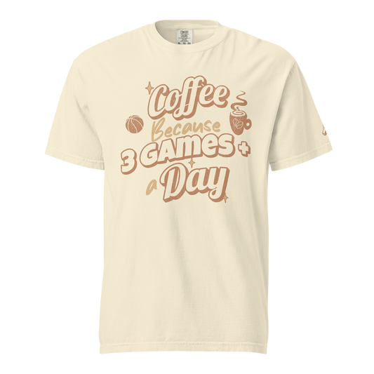 Ivory Ref' Crew 3 Games A Day referee t-shirt for basketball officials, retro hand-lettered coffee and basketball graphic — front view