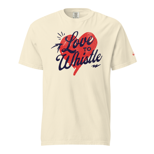 Ivory Ref' Crew Love to Whistle referee t-shirt, vintage distressed script over a bold red heart — front view