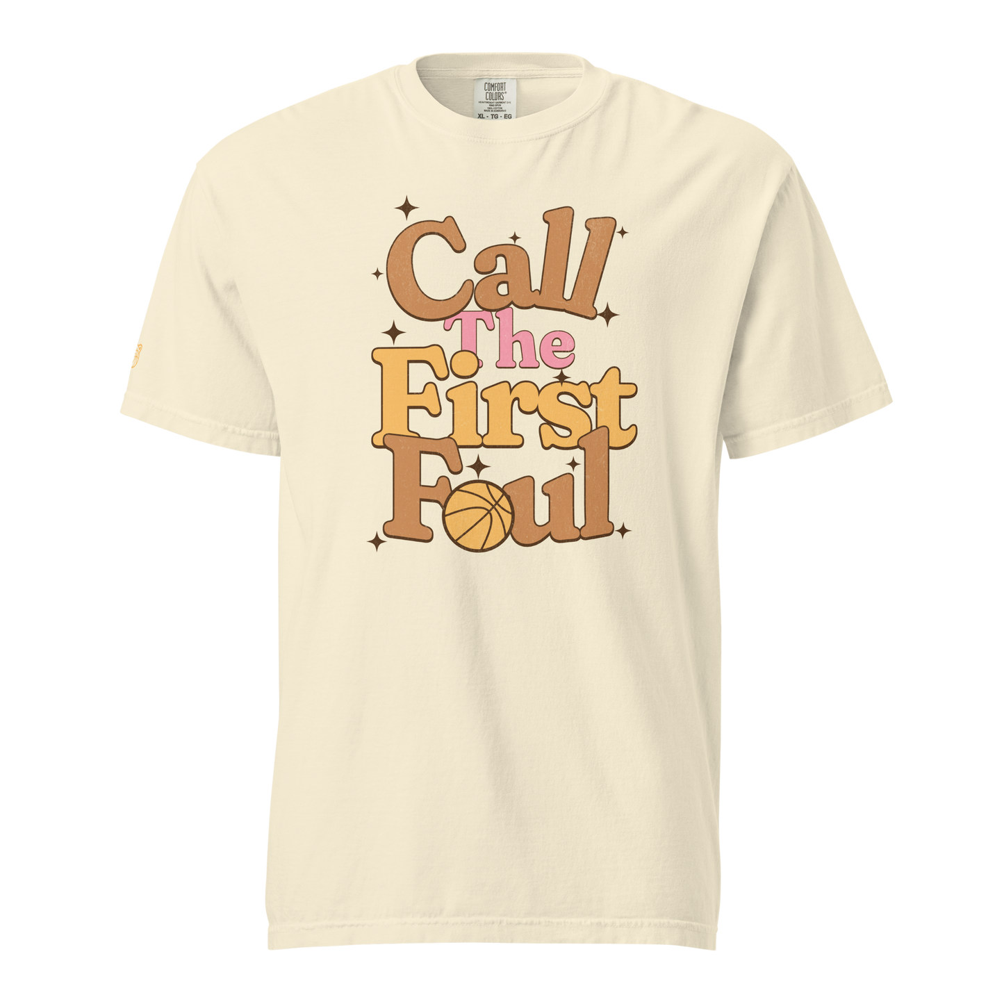 Call the First Foul referee basketball tee in Ivory with retro caramel, gold and pink lettering — front view