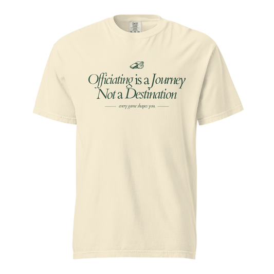 Ref' Crew Officiating is a Journey Tee in ivory — forest-green serif front print with whistle detail on garment-dyed heavyweight cotton for basketball referees