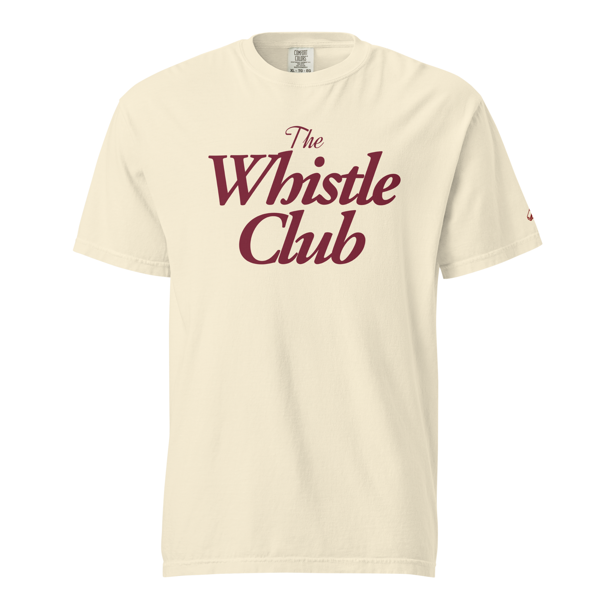 Ref' Crew The Whistle Club Tee in ivory — deep burgundy vintage Whistle Club script front print on garment-dyed heavyweight cotton, a basketball referee tee