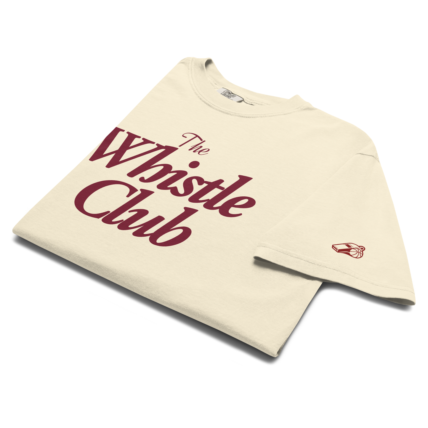 Front view of the Ref' Crew The Whistle Club Tee — burgundy Whistle Club script on a soft cream base for basketball officials