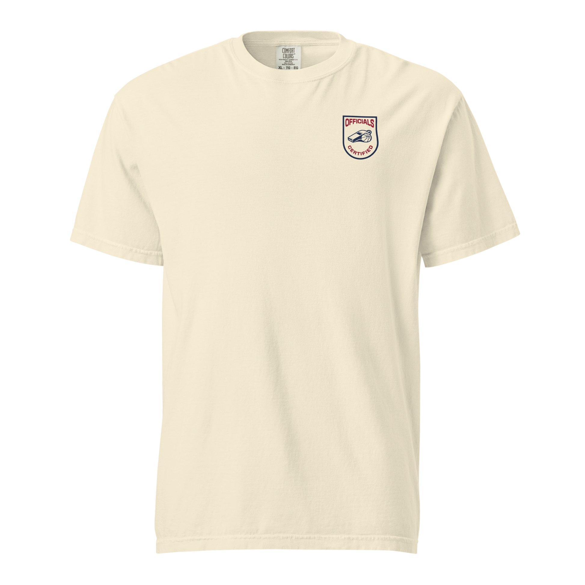 Ivory garment-dyed heavyweight tee, front view — small Ref' Crew officials crest on the left chest