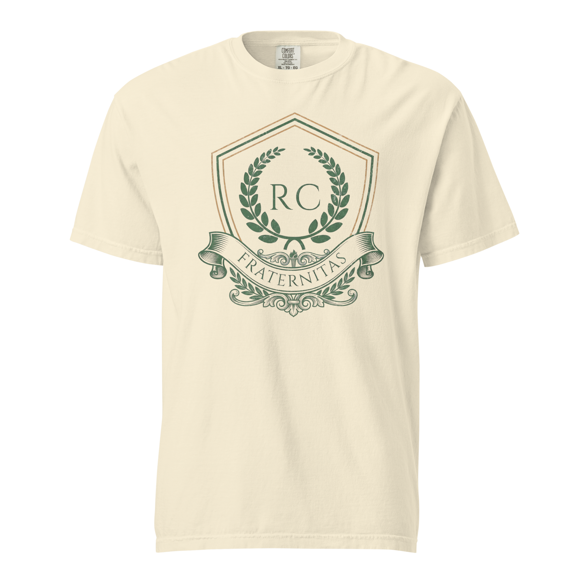 Ivory garment-dyed heavyweight tee, front view — heraldic Ref' Crew crest in forest green and copper with RC monogram, laurel wreath and FRATERNITAS banner
