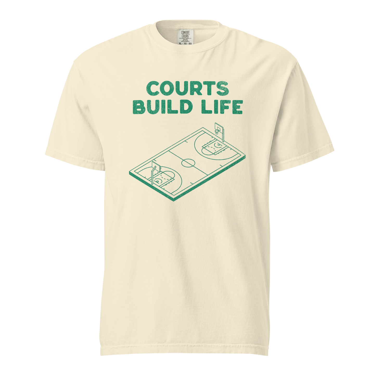 Ivory garment-dyed heavyweight tee, front view — forest green isometric line drawing of a full basketball court under bold stacked Courts Build Life lettering