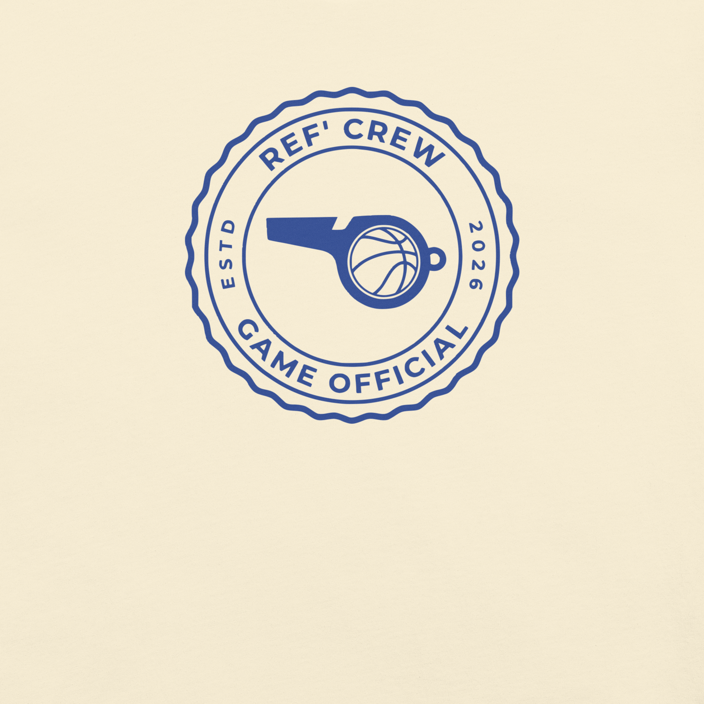 Ivory Ref' Crew Game Official tee, front view — close look at the royal blue circular seal and ribbed border