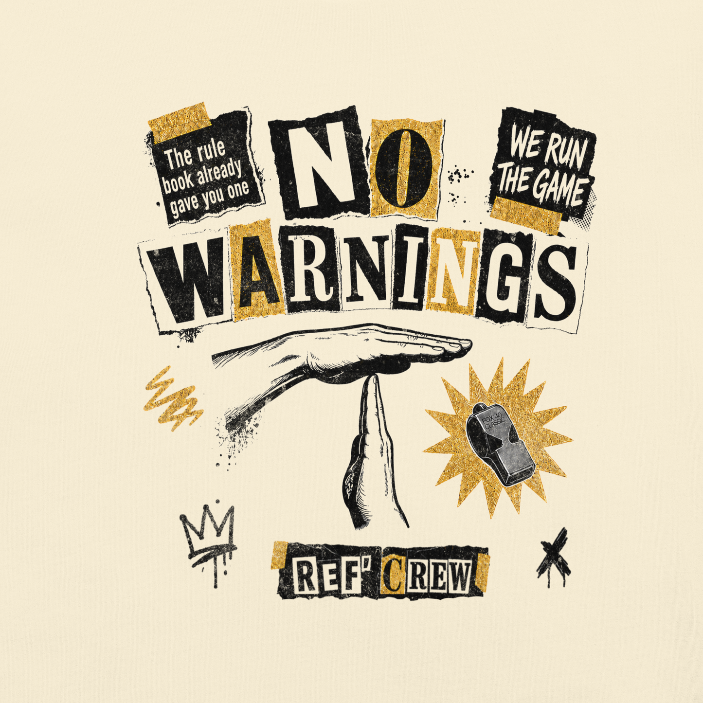 The No Warnings Tee in Ivory — second front view of the ransom-note collage print.