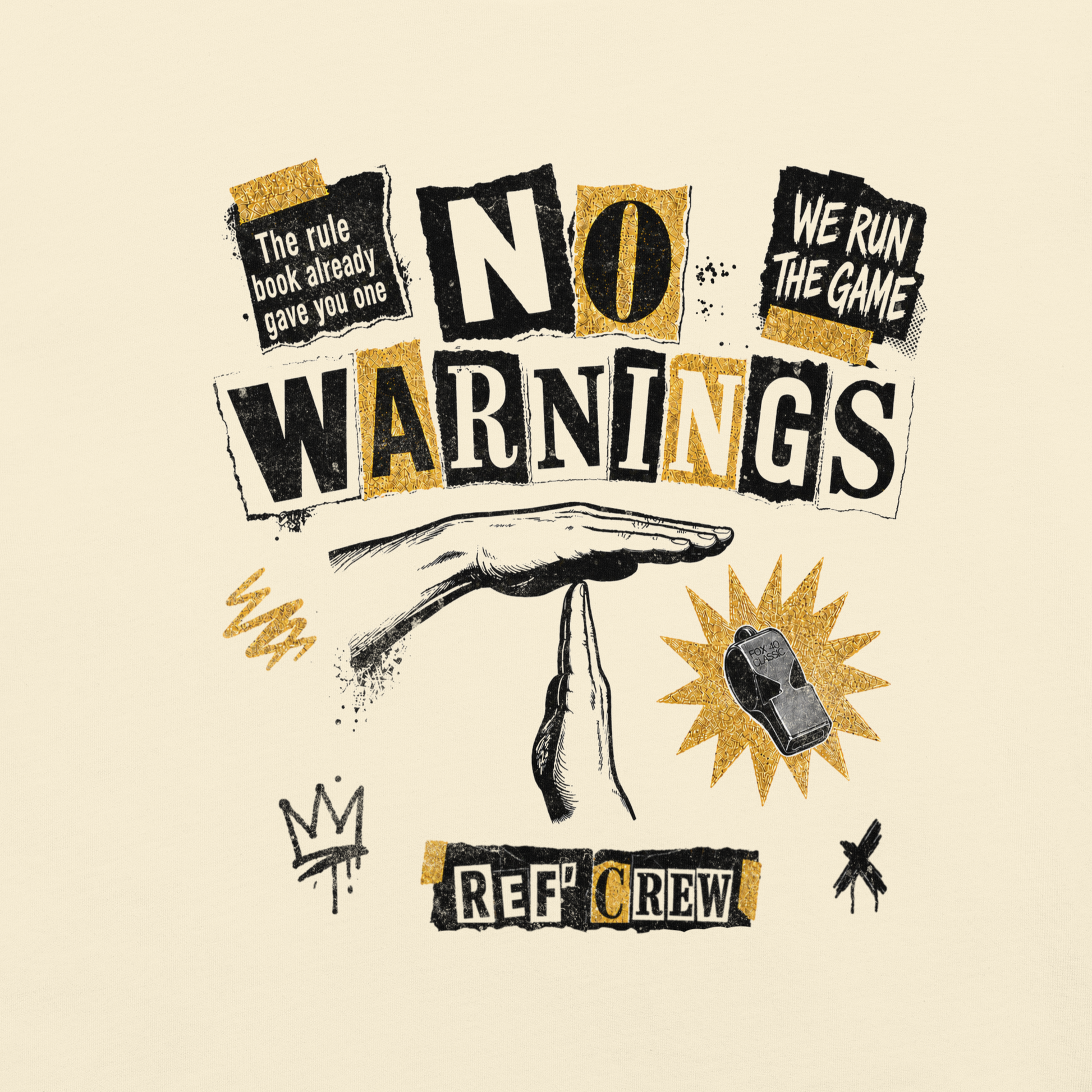 The No Warnings Tee in Ivory — second front view of the ransom-note collage print.