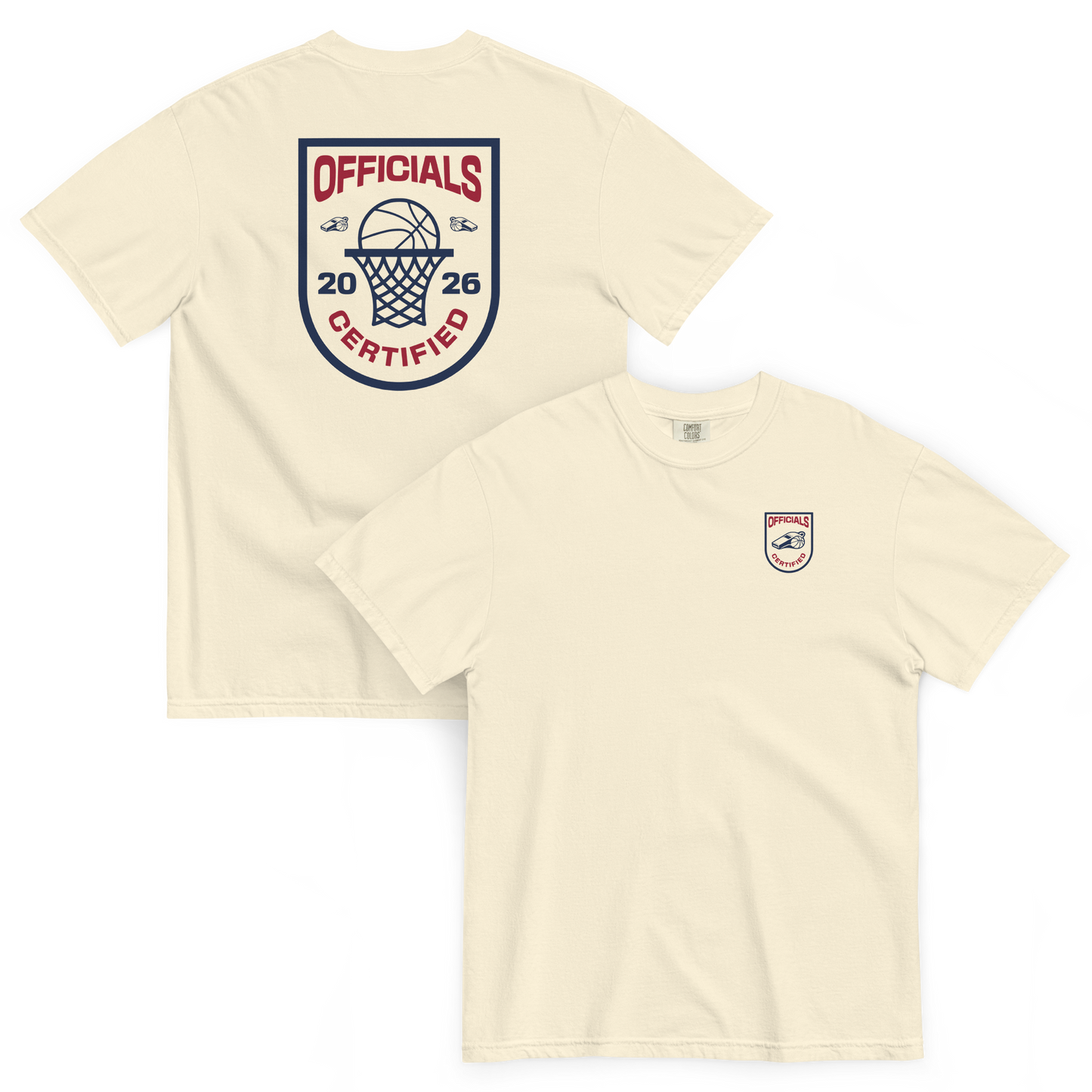 Ivory Ref' Crew Officials Certified tee shown front and back — small chest crest and full back badge