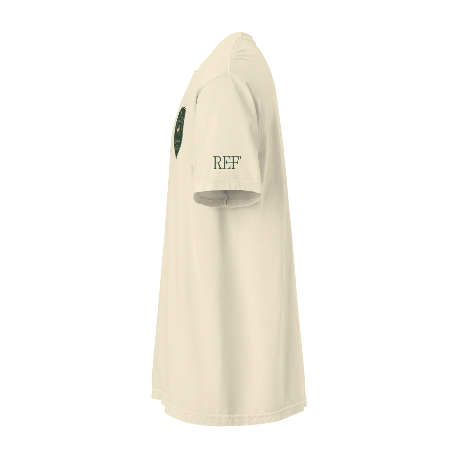 Heritage Academy Shield Tee: Vintage Cream heavyweight cotton t-shirt with "REF" sleeve print.