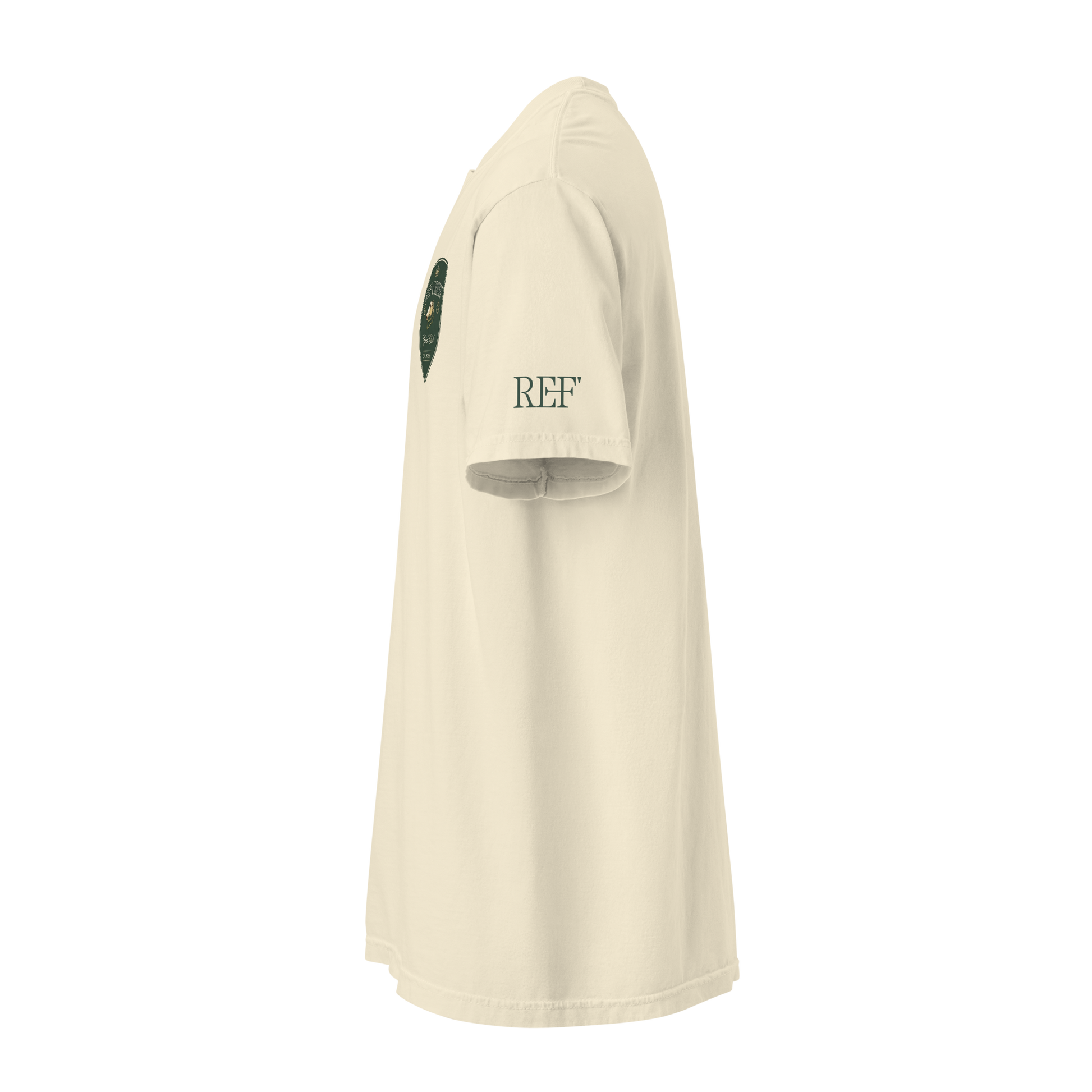 Heritage Academy Shield Tee: Vintage Cream heavyweight cotton t-shirt with "REF" sleeve print.
