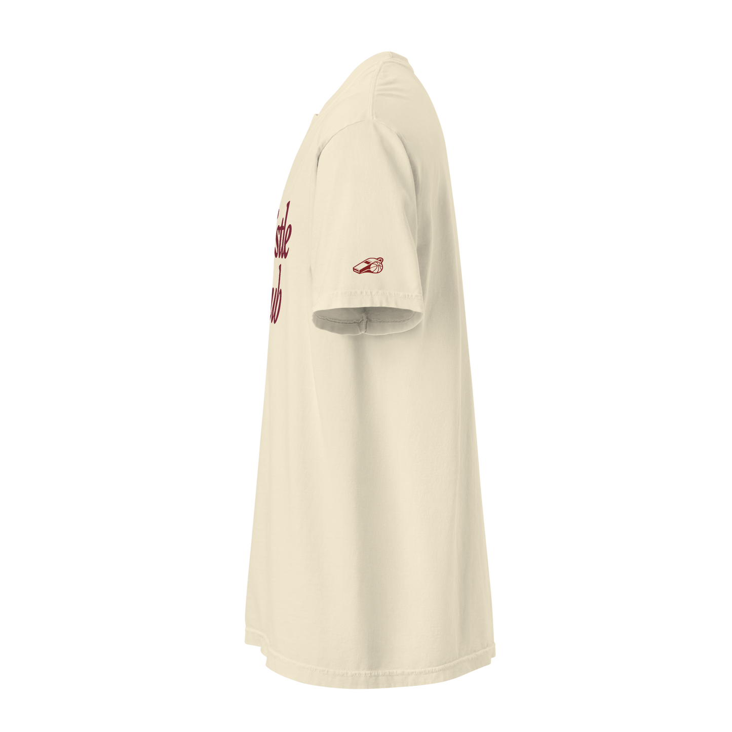 Side view of the Ref' Crew The Whistle Club Tee in ivory, showing the signature sleeve detail on soft garment-dyed cotton
