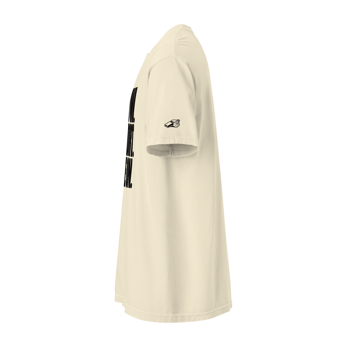 Ref' Crew Blow. Report. Move On. Tee in Ivory — side view showing the whistle mark on the sleeve