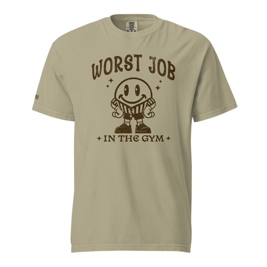 Khaki Ref' Crew Worst Job in the Gym referee t-shirt, vintage 50s cartoon referee mascot in mono black ink — a funny ref gift, front view