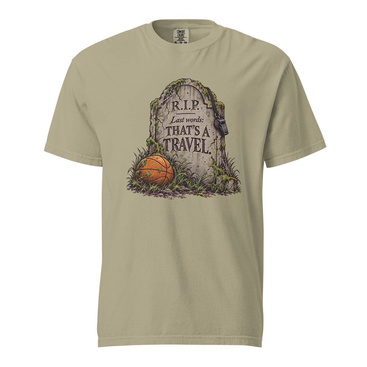 That's a Travel Tee in Khaki – front view, tombstone engraved "THAT'S A TRAVEL." with a whistle and basketball – Ref' Crew basketball referee Halloween tee