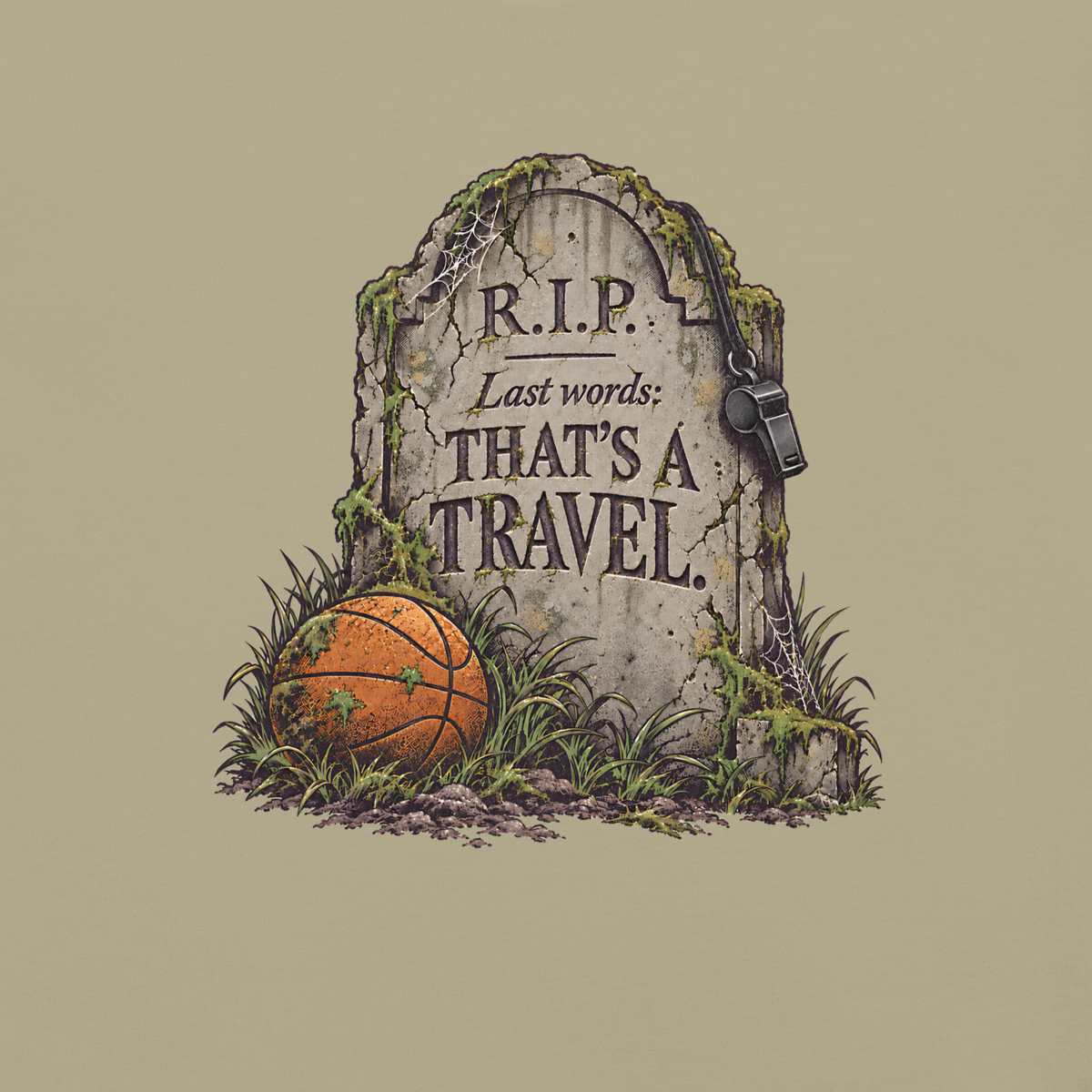 Close-up of the distressed "R.I.P. Last words: THAT'S A TRAVEL." tombstone print on Khaki garment-dyed heavyweight cotton