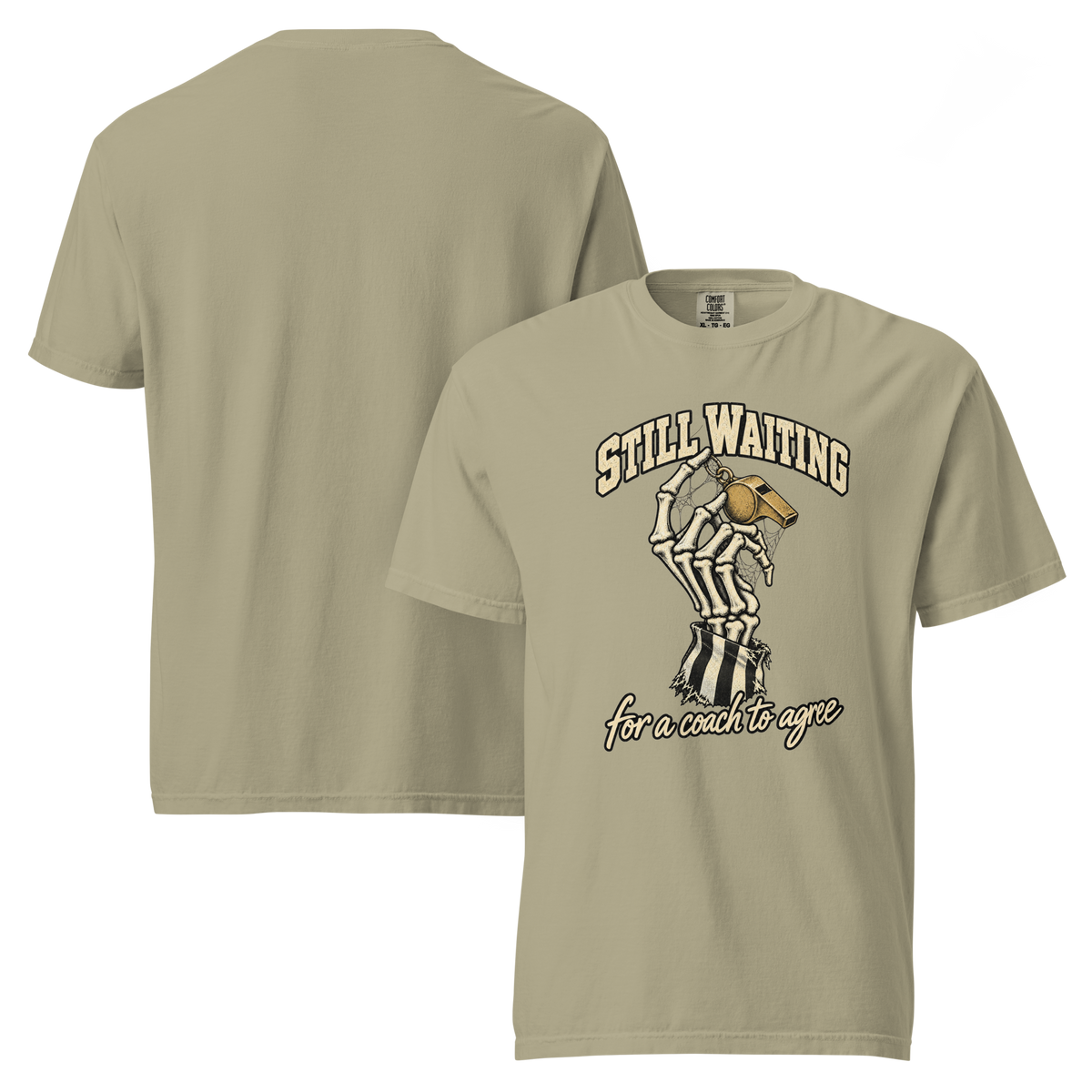 Still Waiting Tee in Khaki – front and back views, skeleton-hand chest print, plain back
