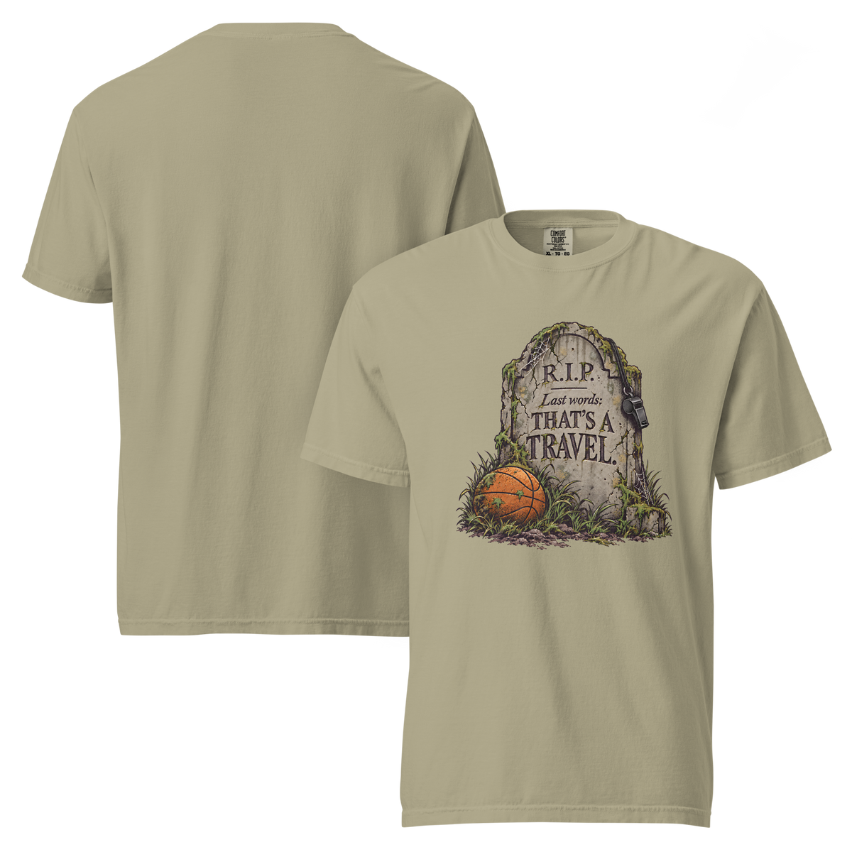 That's a Travel Tee in Khaki – front and back views, tombstone chest print, plain back