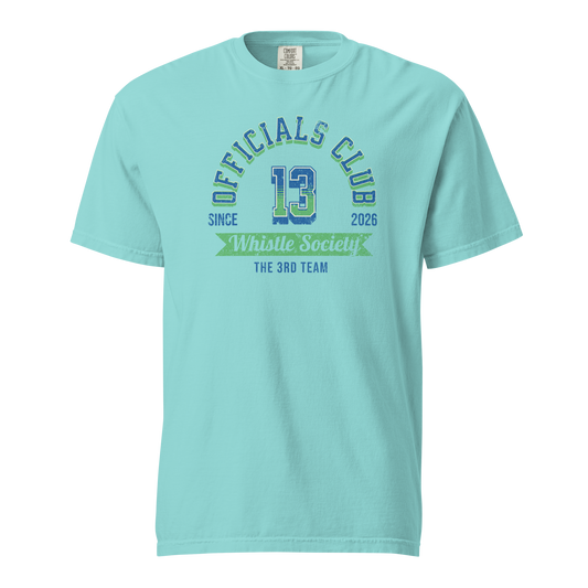 Lagoon Blue Ref' Crew Officials Club referee t-shirt for basketball officials, vintage distressed college graphic with number 13 and Whistle Society banner — front view