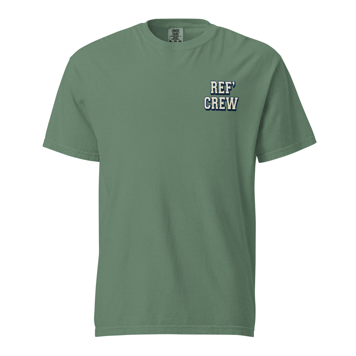 Heritage Heavyweight Ref' Crew Tee in sage green, XL, with navy and white chest graphic.
