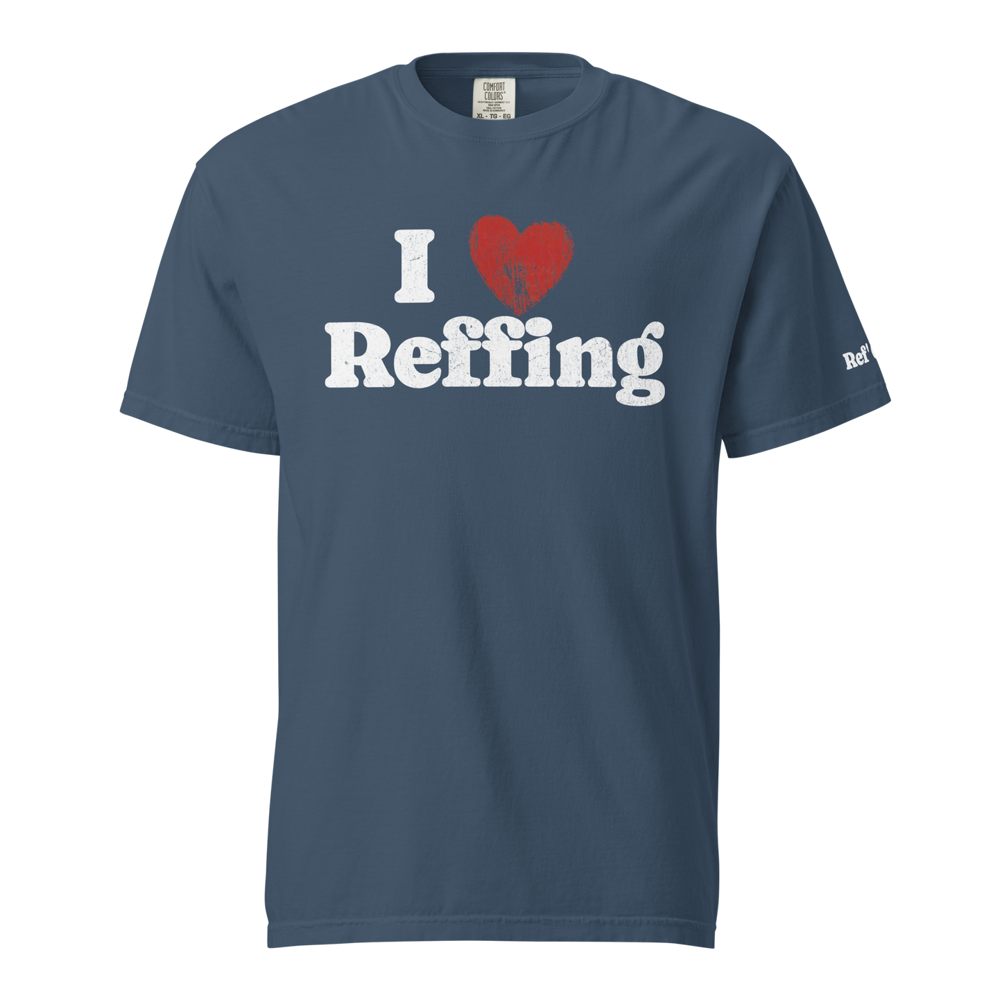 Navy blue heavyweight cotton "I ❤️ Reffing" vintage graphic tee with distressed print, streetwear style.