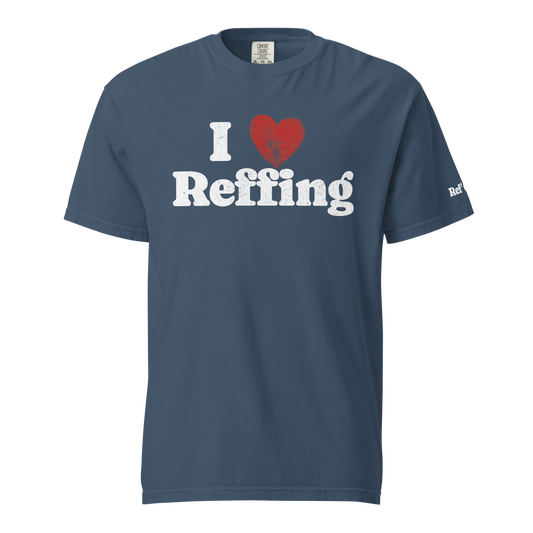 Navy blue Ref' Crew "I Love Reffing" referee t-shirt for basketball official, distressed graphic.