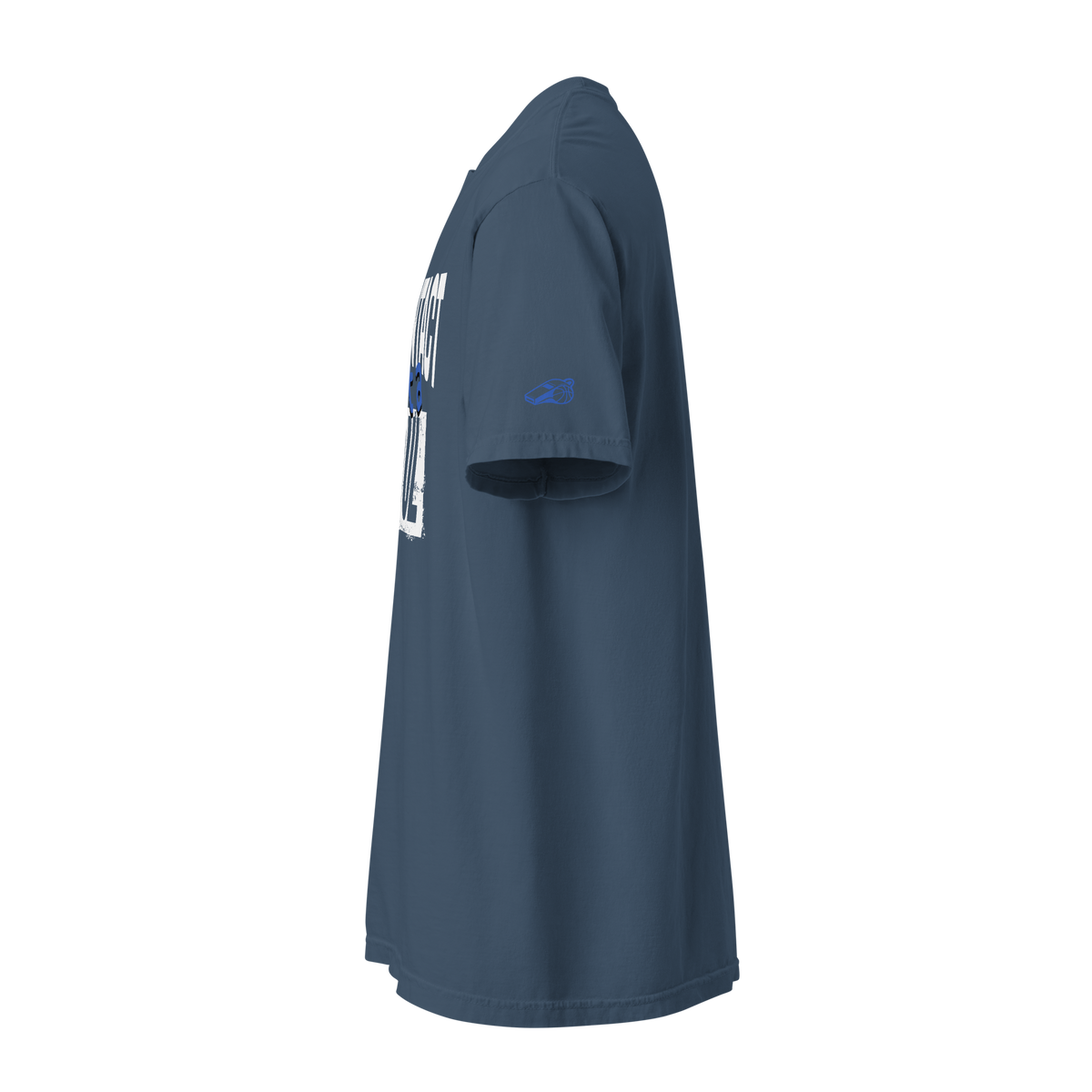 All Contact Ain't a Foul Tee in Midnight blue – left side view showing the blue Ref' Crew whistle mark on the sleeve
