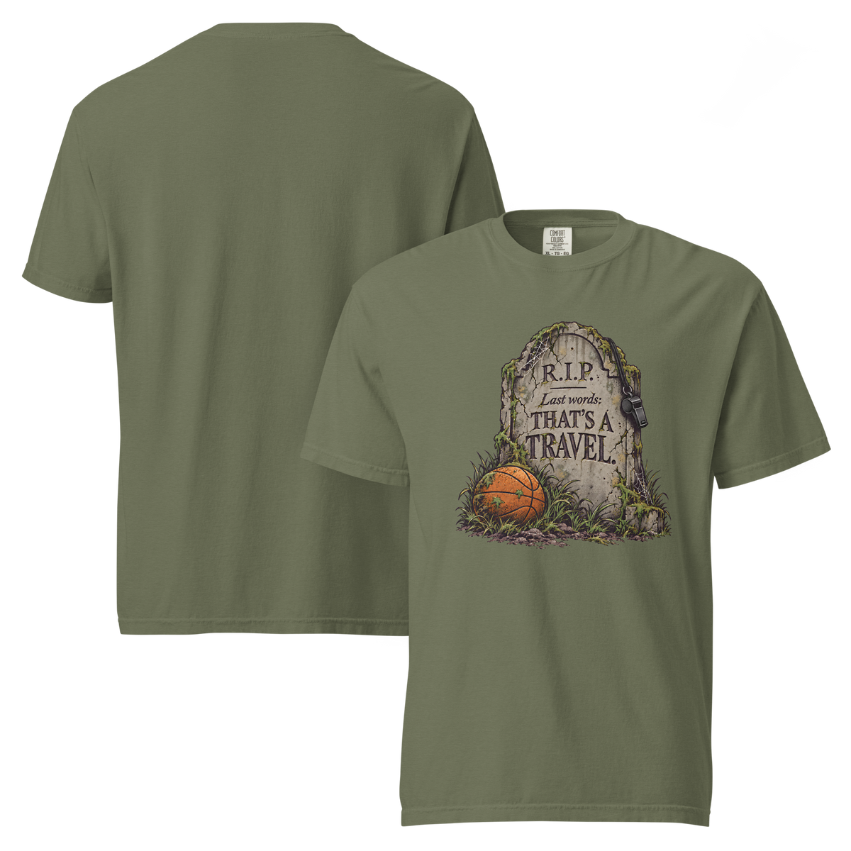 That's a Travel Tee in Moss – front and back views, tombstone chest print, plain back