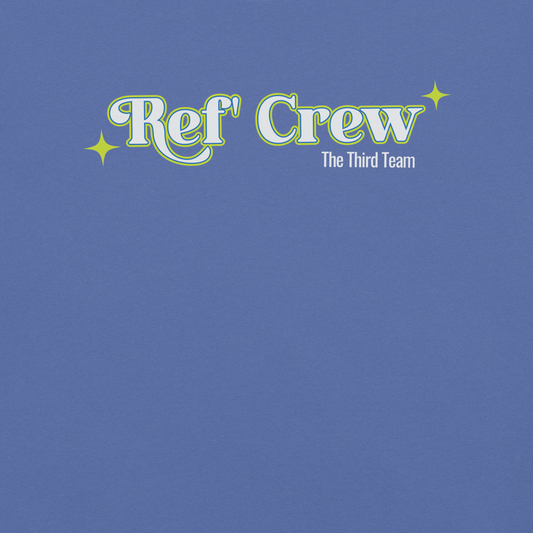 Close-up of the Mystic Blue Retro Ref' Crew referee tee — "The Third Team" retro lettering on garment-dyed heavyweight cotton