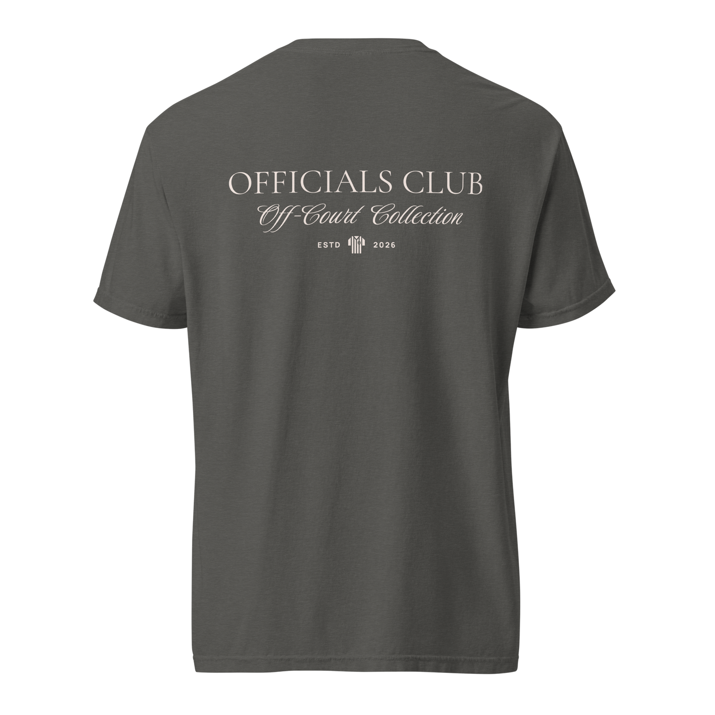 Charcoal gray Officials Club Off-Court Collection tee, premium cotton, streetwear style for basketball referees.