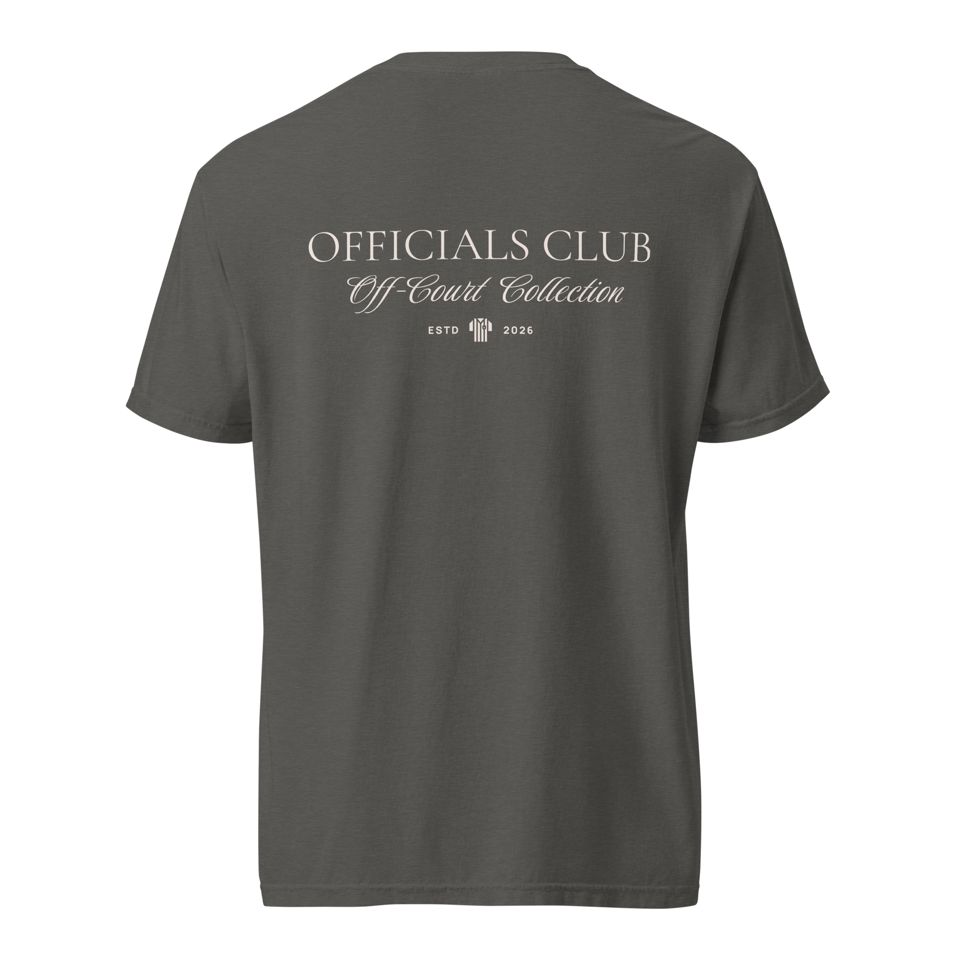 Charcoal gray Officials Club Off-Court Collection tee, premium cotton, streetwear style for basketball referees.