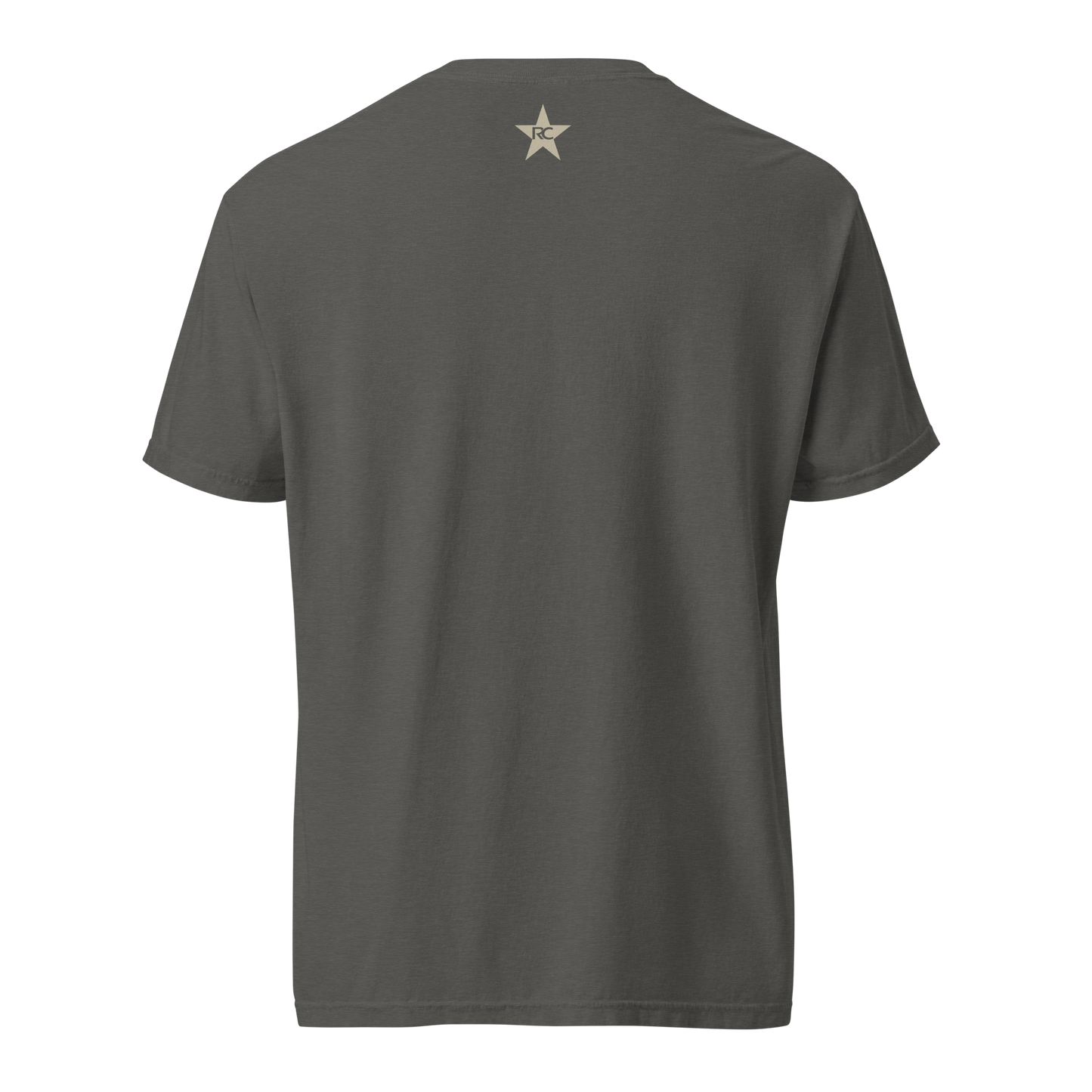 Back of a charcoal gray Comfort Colors tee with a small tan RC star logo at the neck.