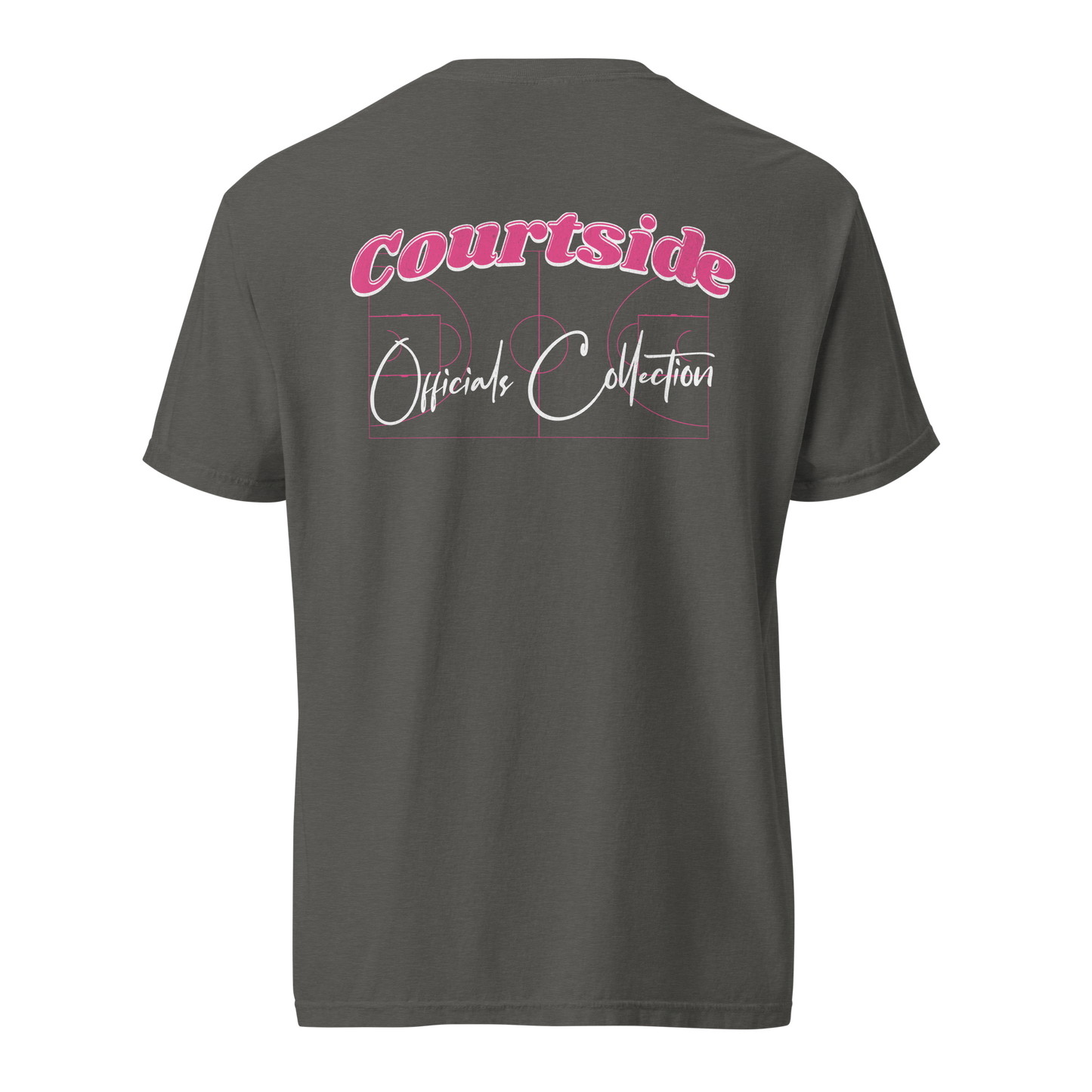 Unisex garment-dyed black heavyweight t-shirt with pink "Courtside Officials Collection" graphic on back.