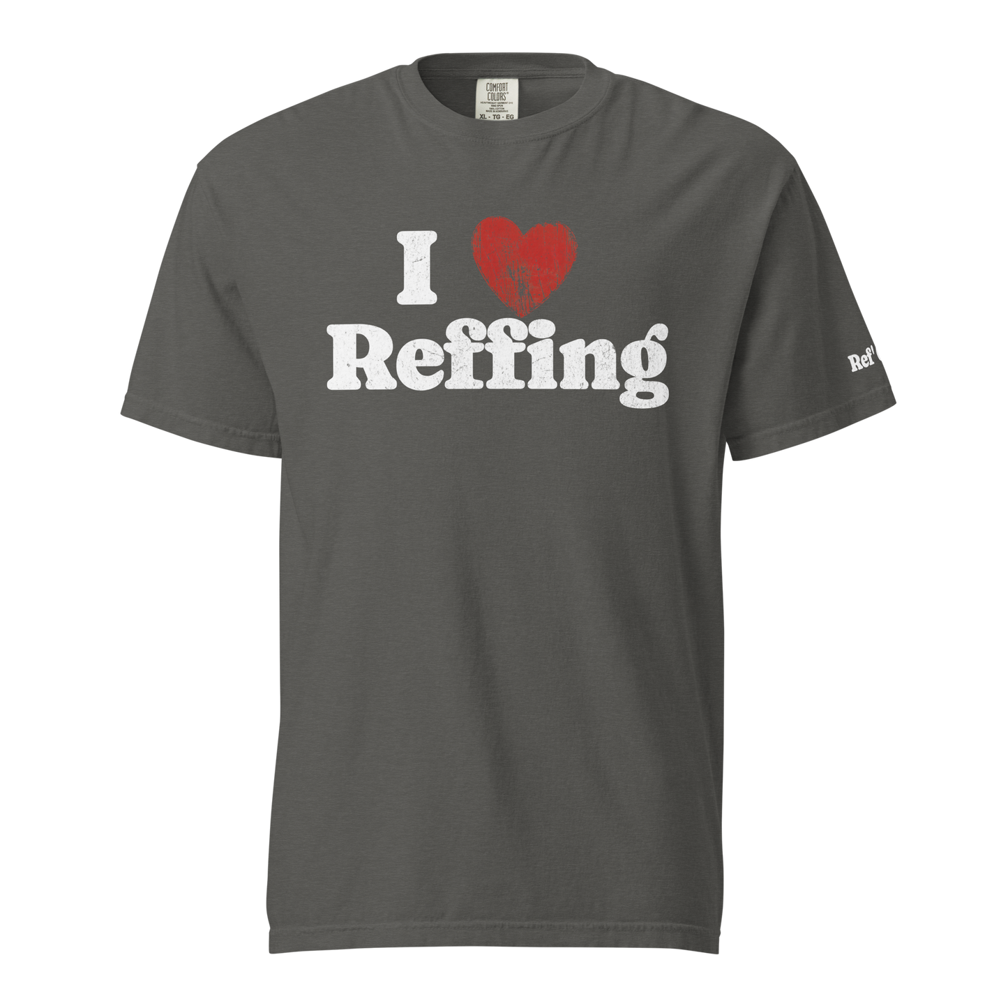 Charcoal grey "I ❤️ Reffing" distressed graphic tee, heavyweight cotton, streetwear style for referees.