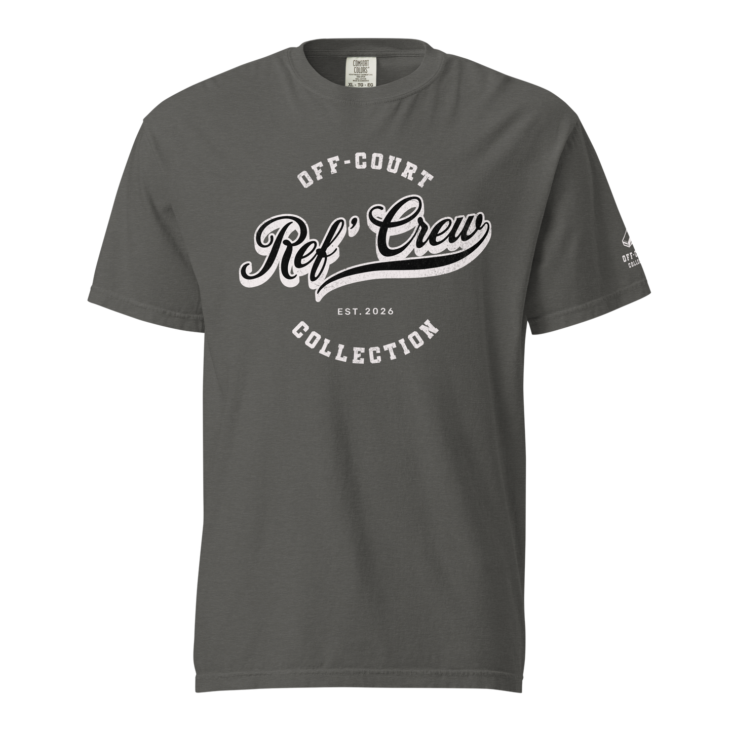 Charcoal Ref' Crew Off-Court Collection vintage tee with distressed white varsity graphic, premium garment-dyed cotton.