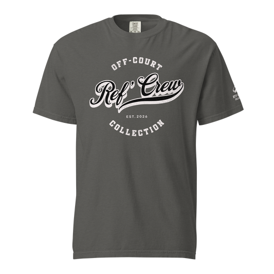 Charcoal Ref' Crew referee t-shirt for basketball officials, featuring a distressed "Off-Court Collection" graphic.