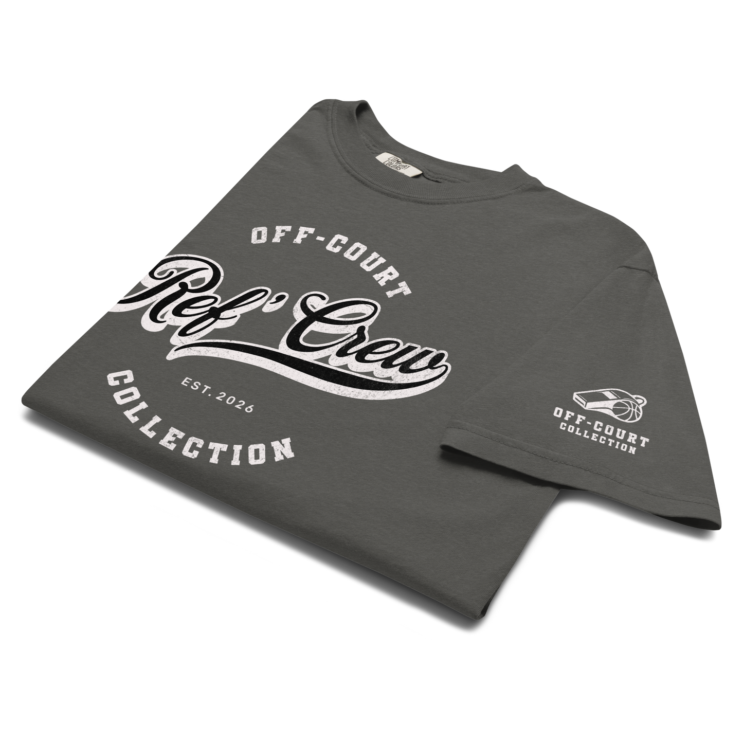 Charcoal Ref' Crew Off-Court Collection vintage tee with distressed white graphic and sleeve logo, premium heavyweight cotton.