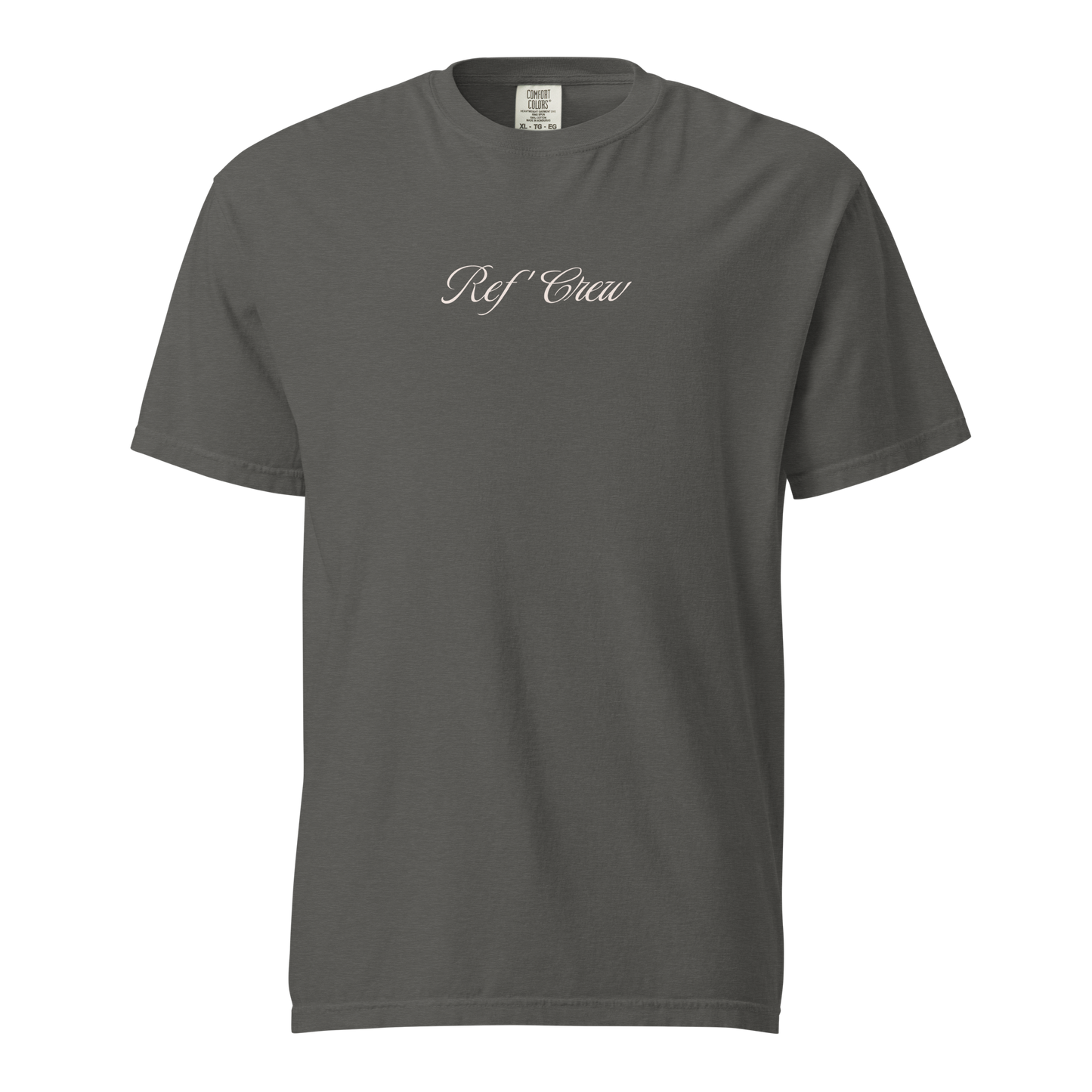 Premium charcoal gray Ref' Crew Officials Club Tee, 100% cotton, with white script logo for referees.