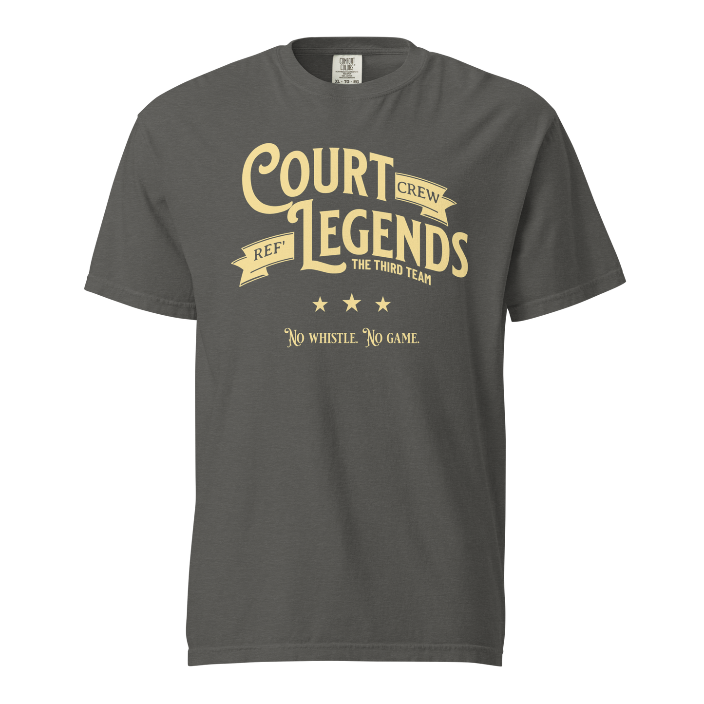 Charcoal Comfort Colors tee with "Ref' Crew Court Legends" gold vintage print for basketball officials.
