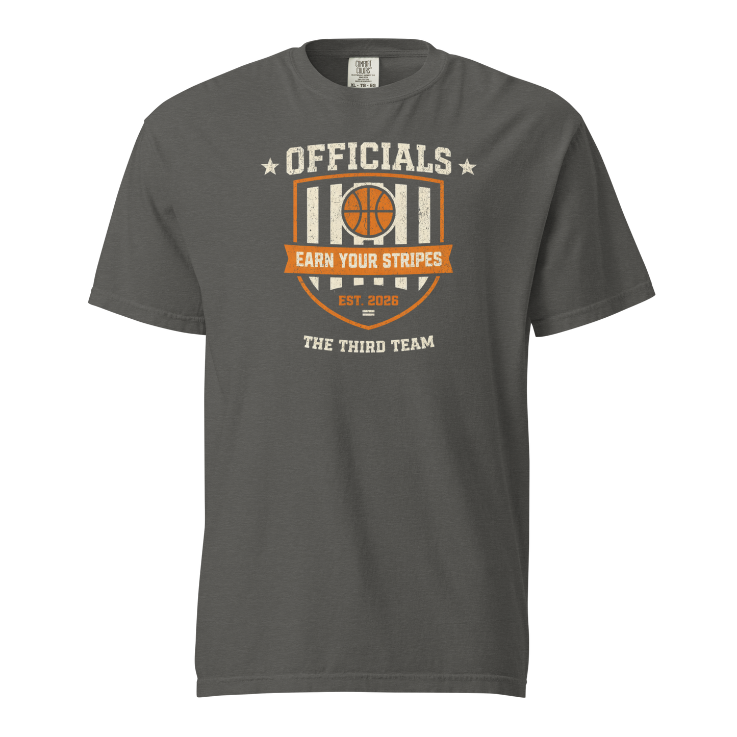 Charcoal grey Comfort Colors tee with distressed "Officials Earn Your Stripes" basketball graphic.