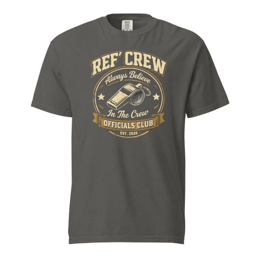 Charcoal gray Ref' Crew referee t-shirt for basketball officials with vintage whistle badge graphic.