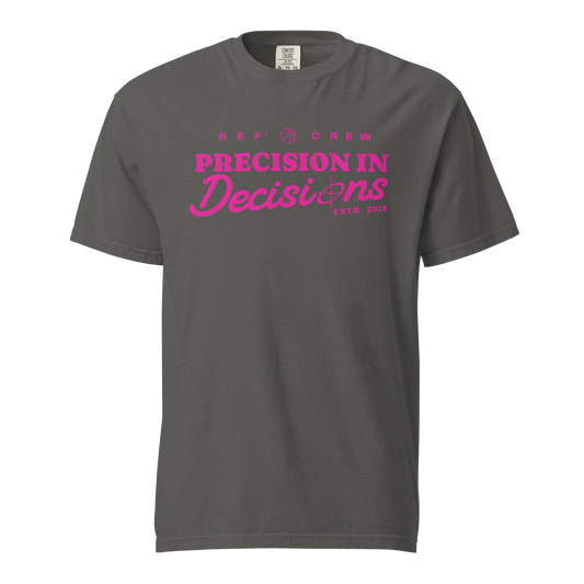 Ref' Crew Precision Call referee t-shirt for basketball official, charcoal gray, with neon pink "Precision In Decisions" graphic.