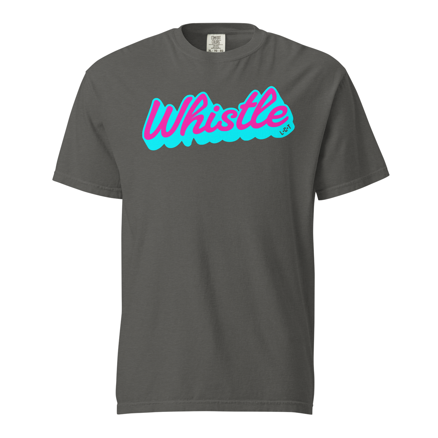 Charcoal Comfort Colors tee with neon pink and blue "Whistle" script, L-C-T detail, for referees.