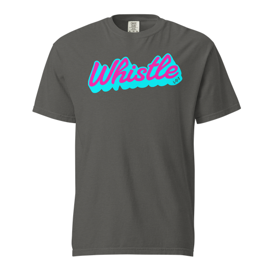Ref' Crew "Whistle" referee t-shirt for basketball officials, charcoal with neon pink and blue script.