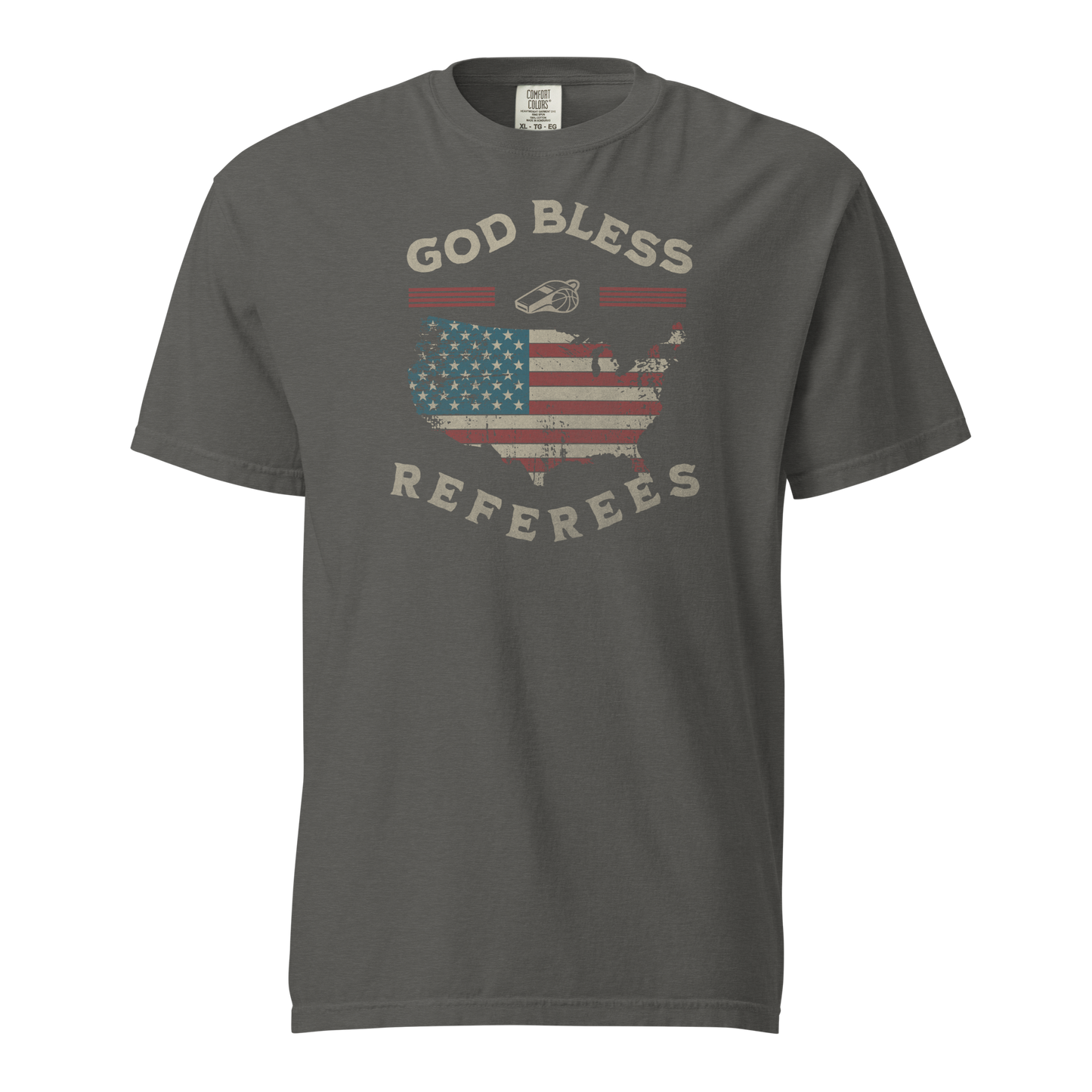 Charcoal Comfort Colors tee with distressed USA flag map, whistle, and "God Bless Referees" graphic.