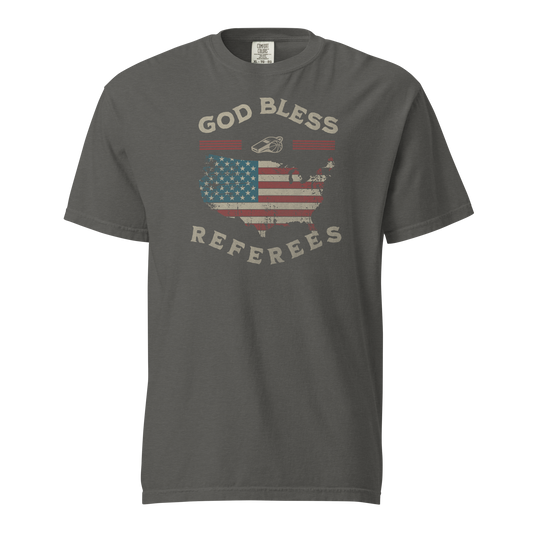 Charcoal gray Ref' Crew referee t-shirt for US basketball officials, featuring a distressed American flag map and whistle graphic.