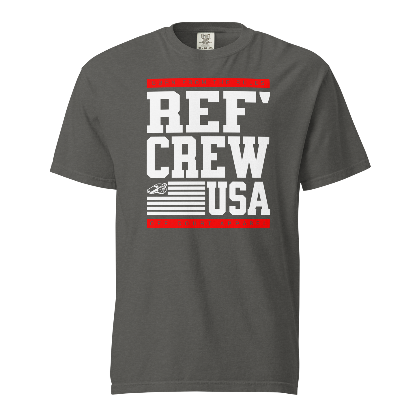 Charcoal gray "REF' CREW USA" heavyweight cotton tee with bold white and red block typography, featuring an American flag whistle graphic.