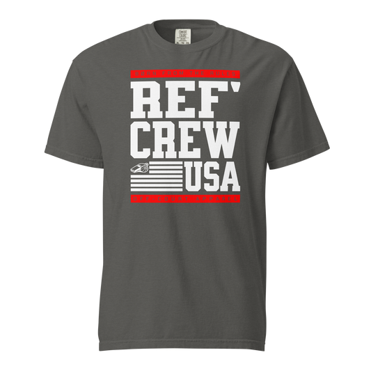 Charcoal gray referee t-shirt for basketball officials with "Ref' Crew USA" and flag whistle graphic.
