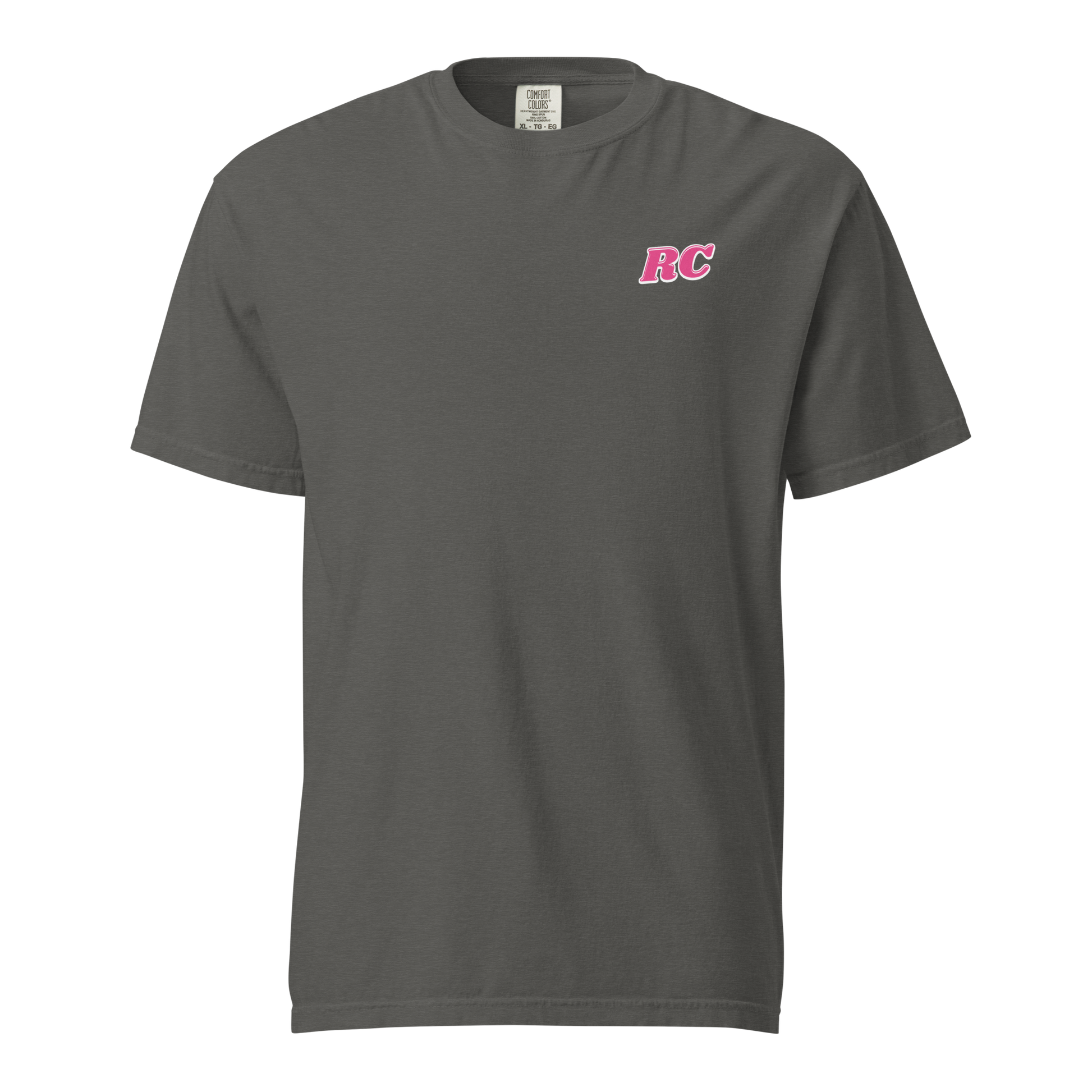 Unisex garment-dyed heavyweight black t-shirt with a pink "RC" logo, perfect for officials.