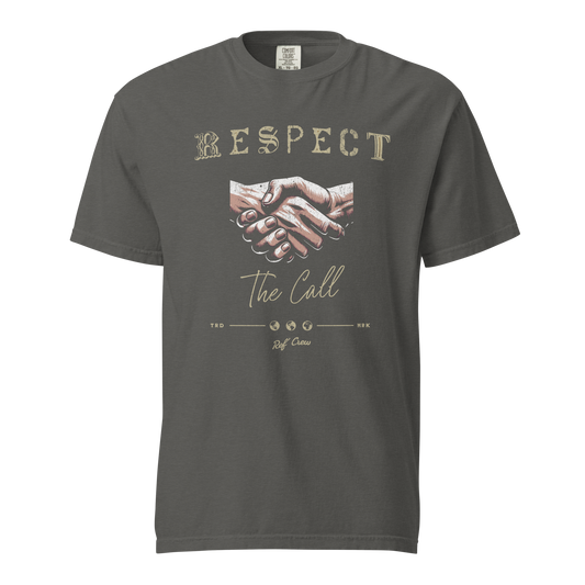 Pepper grey Ref' Crew Respect The Call referee t-shirt for basketball officials, vintage distressed handshake illustration with world-tour lettering — front view